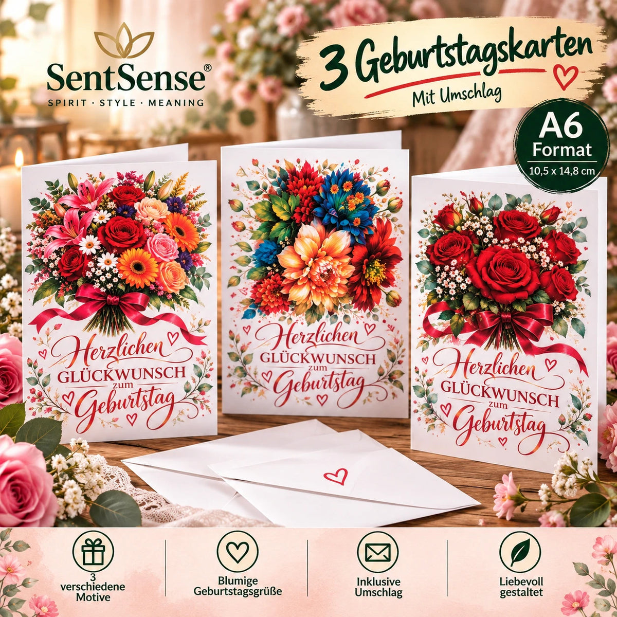 3 Geburtstagskarten A6 mit Umschlag – Blumenstrauß, Rosen & Glückwünsche