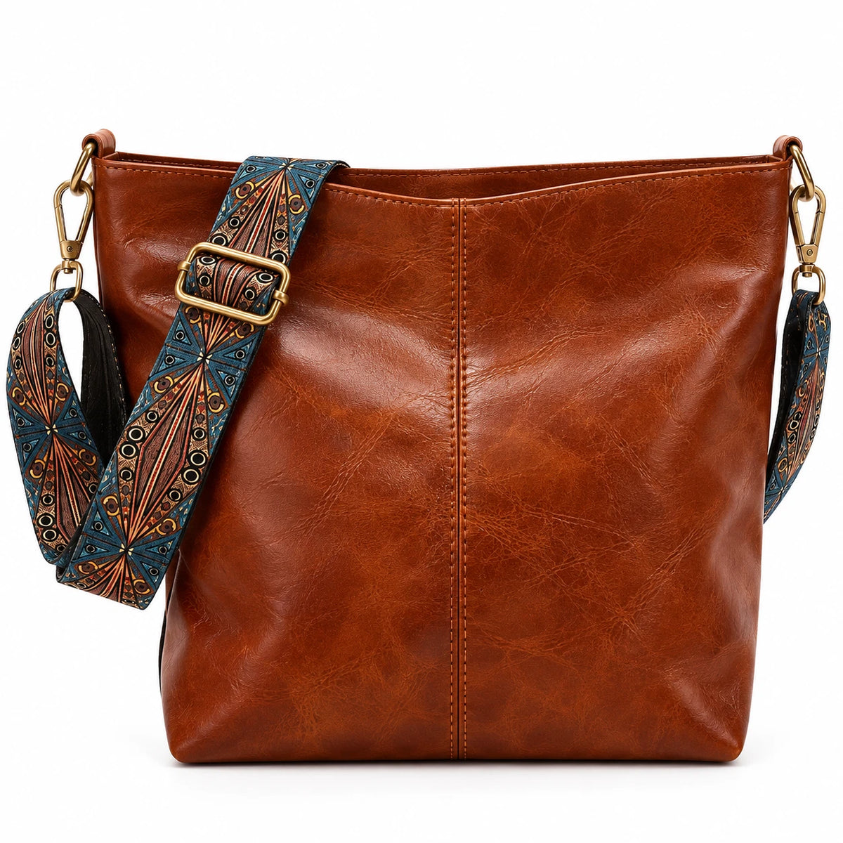 Umhängetasche PU Leder 32cm Schultertasche mit breitem Boho-Trageriemen