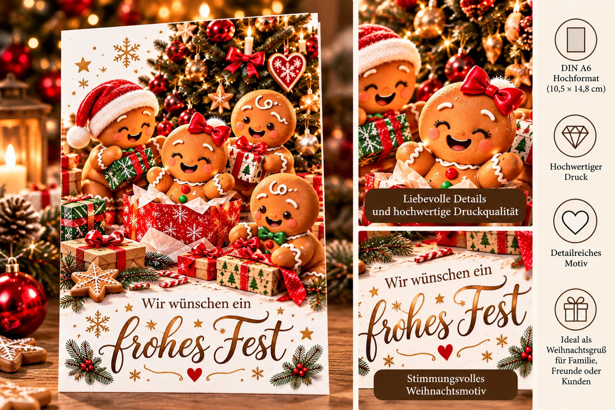 Weihnachtskarte DIN A6 Hochformat – Magische Lebkuchenfamilie mit „Frohes Fest“