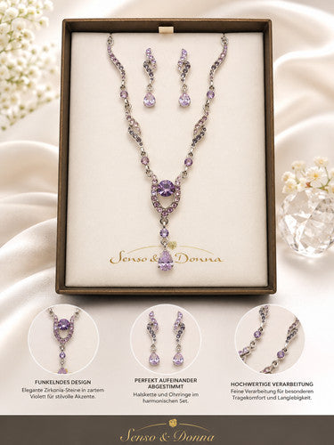 Senso di Donna Schmuckset mit violetten Amethyst-Steinen – Edelstahlkette 42 cm